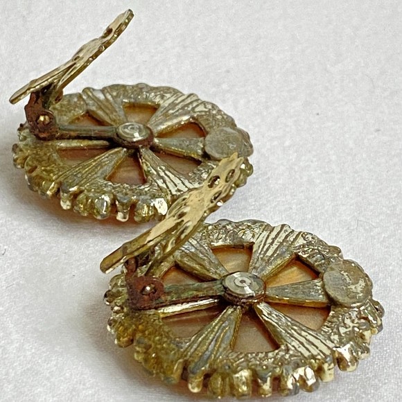 Signed Earrings Large Amber Stone Button Clip On - Picture 6 of 10